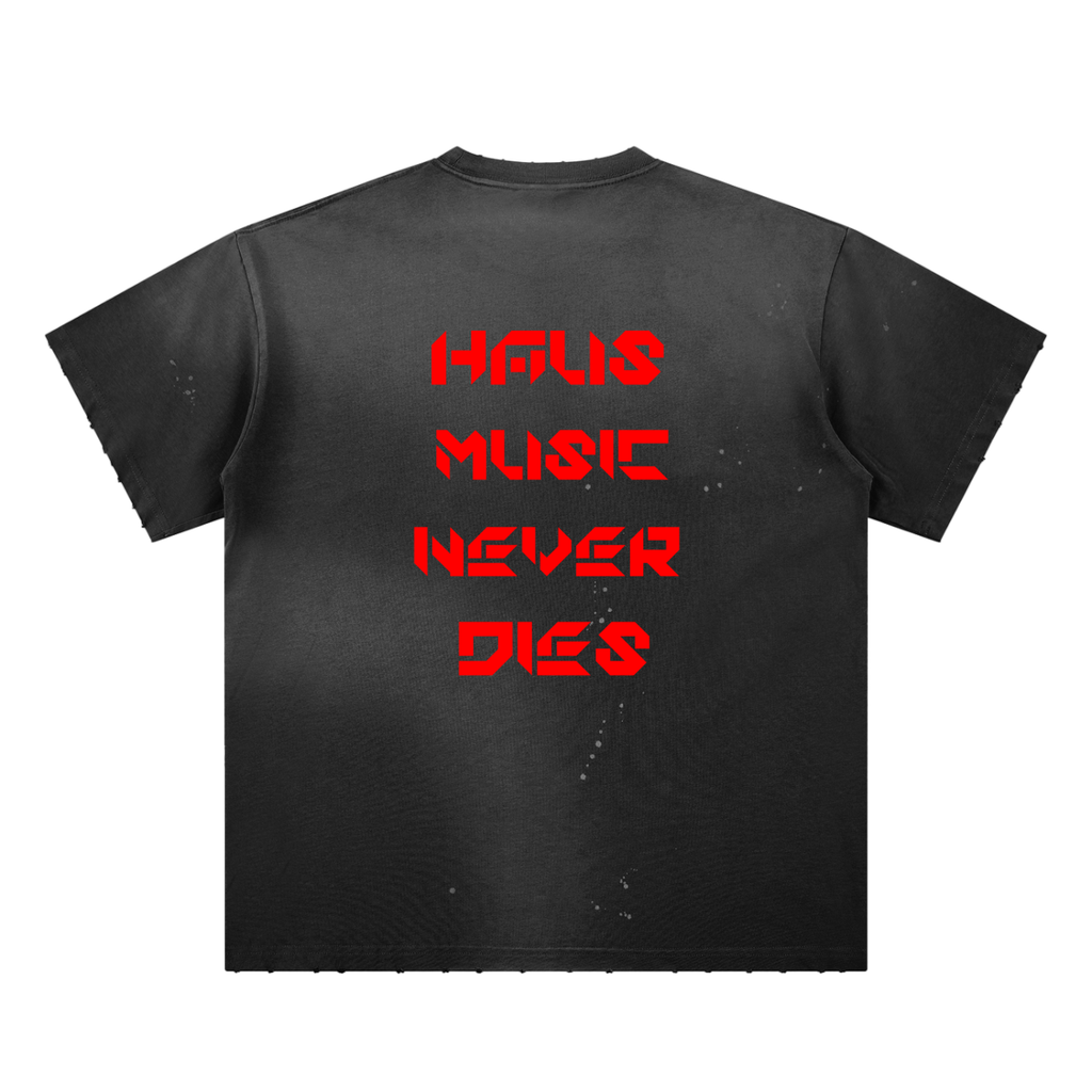 "Haus Music Never Dies" - Hand-Frayed Sunfade Paint Splatter T-Shirt