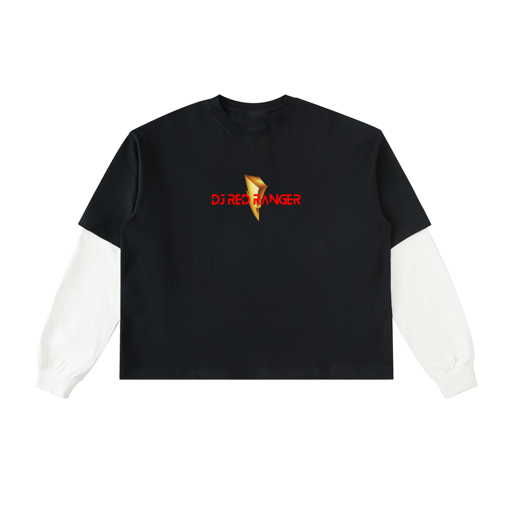 "Logo" - Layered Contrast Sleeve Cotton T-Shirt