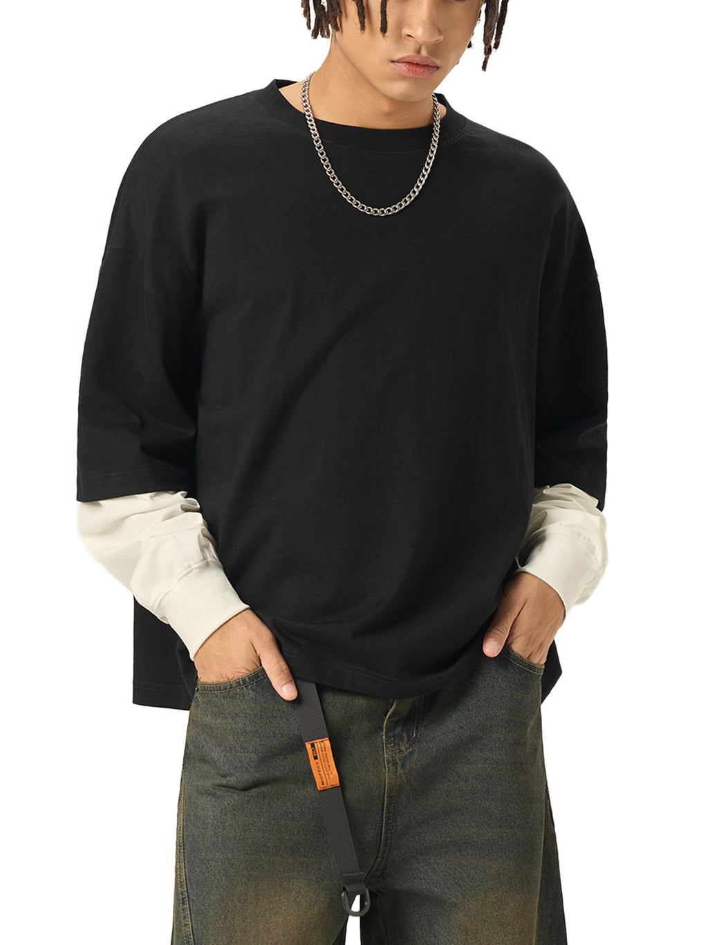 "Logo" - Layered Contrast Sleeve Cotton T-Shirt