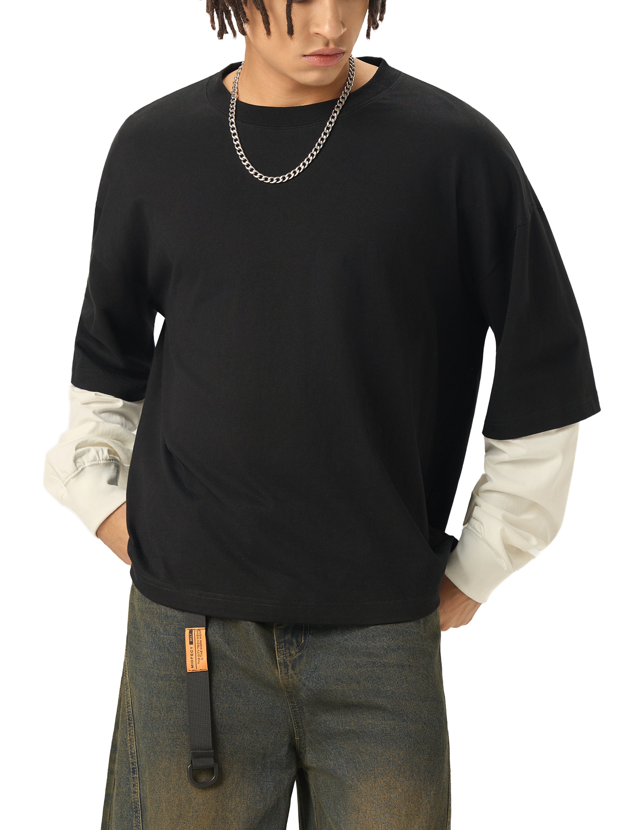 "Logo" - Layered Contrast Sleeve Cotton T-Shirt