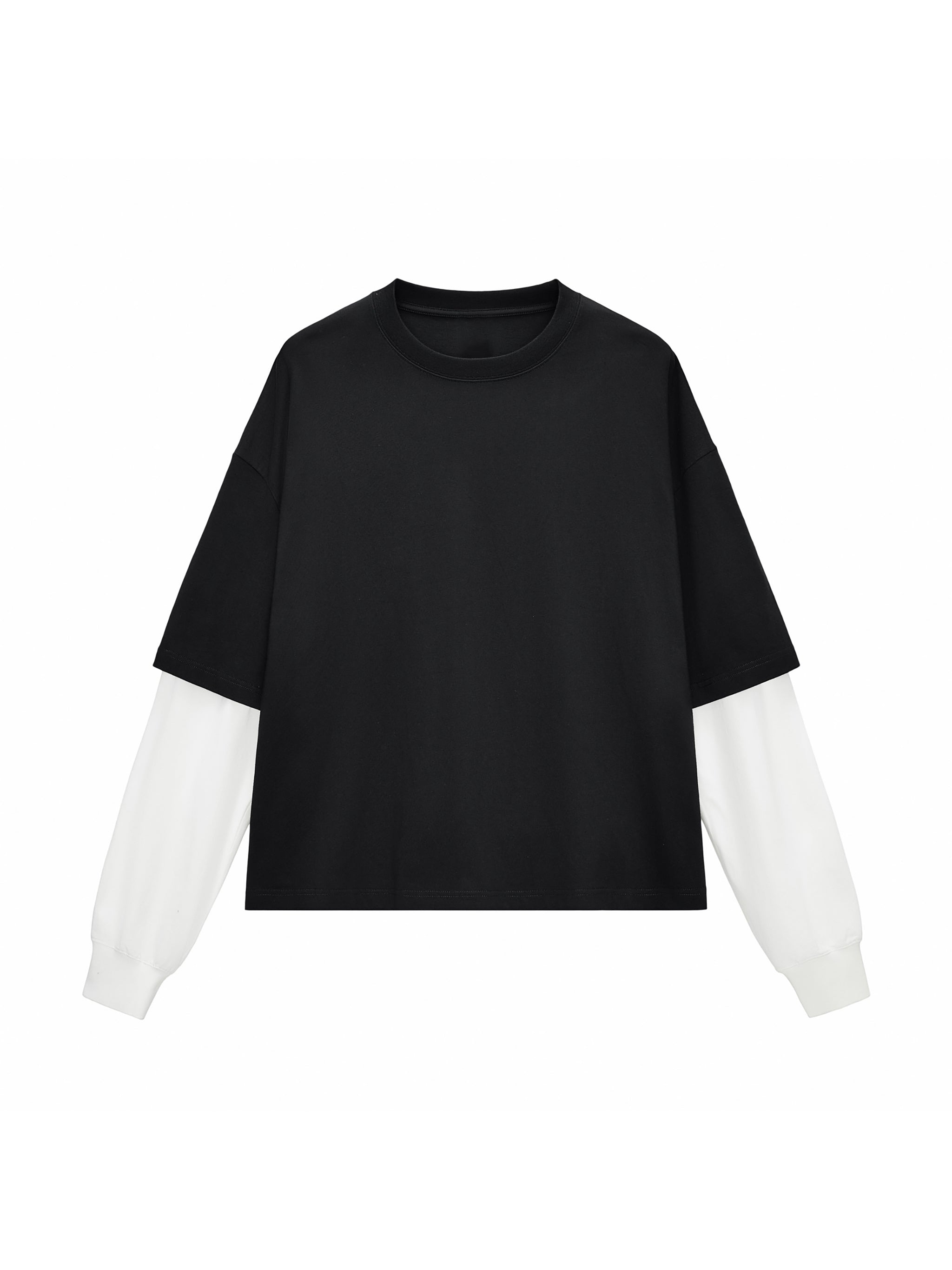 "Logo" - Layered Contrast Sleeve Cotton T-Shirt